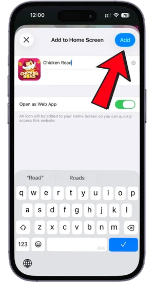 Scrolling through the Safari share sheet and selecting Add to Home Screen to set up the Chicken Road shortcut