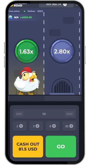 Chicken Road mobile screen with chicken mid-run showing 1.63x and 2.80x multipliers and an active Cash Out button