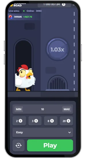Chicken Road mobile start screen with chicken at doorway, Easy difficulty selected and green Play button at the bottom