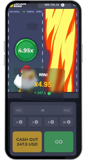 Chicken Road win screen showing x4.95 multiplier result with flames filling the right lane and a win amount displayed