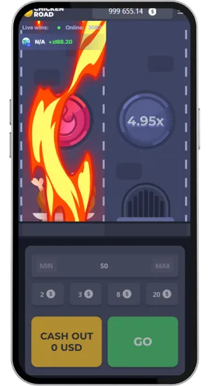 Chicken Road losing round with chicken consumed by flames, 4.95x shown on right lane and Cash Out displaying zero