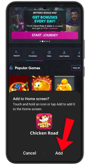 Selecting Add to Home Screen from the Chrome browser menu to place a Chicken Road shortcut on the Android home screen