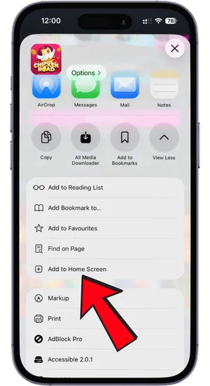 Tapping the Share icon at the bottom centre of the Safari toolbar to open the share sheet on iPhone for Chicken Road game