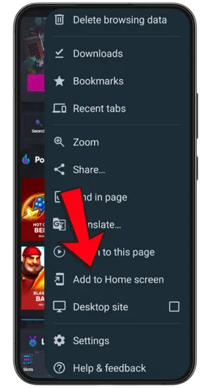Tapping the three-dot menu icon in the top-right corner of Chrome to open a list of browser options on Android for Chicken Road
