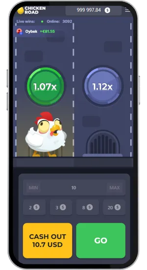 Chicken Road live round showing two multiplier circles at 1.07x and 1.12x with Cash Out and Go buttons active