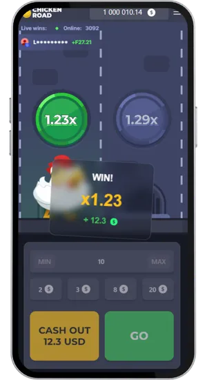 Chicken Road win notification displaying x1.23 multiplier result and a cash out value on the mobile screen