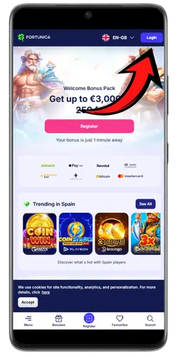 UK casino homepage with the registration button highlighted to create an account