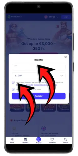 Registration form with email, GBP currency and the 18 plus age confirmation checkbox