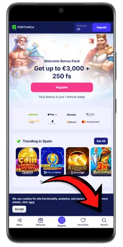 Casino lobby with the search icon highlighted to look up the game