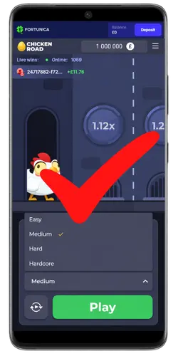 Chicken Road casino demo loaded with a virtual balance, Medium difficulty and the Play button