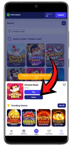 Search results showing the InOut title with the Demo button highlighted